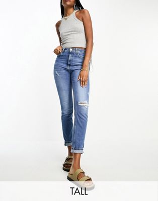 River Island Tall slim mom jeans in mid blue wash - ASOS Price Checker