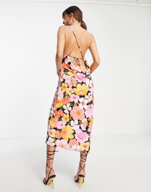 River Island Tall tie back floral midi slip dress in black ASOS