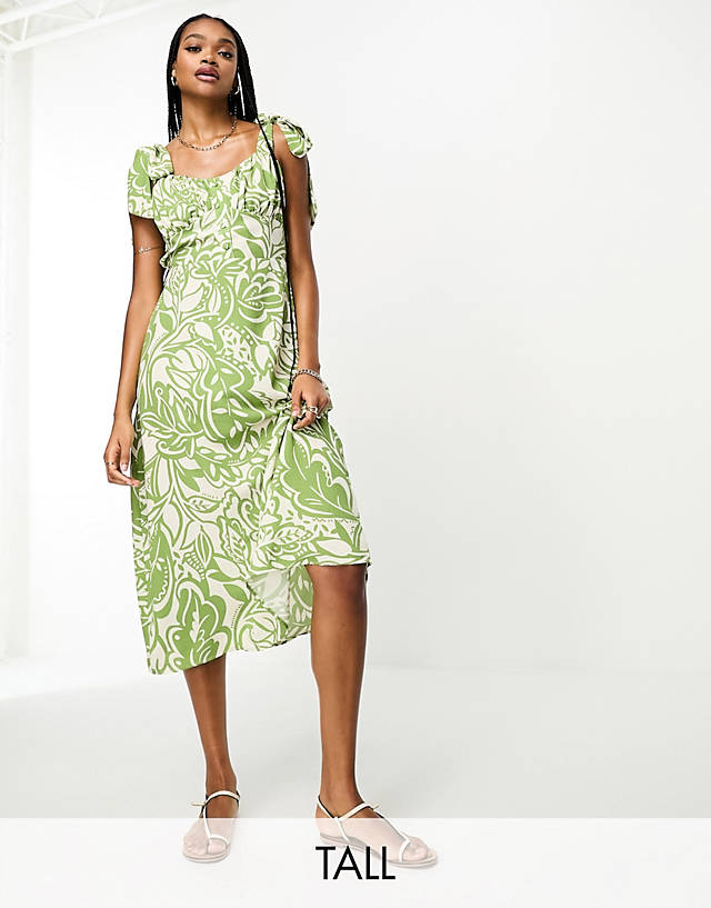 River Island Tall - tie shoulder button front midi dress in green floral