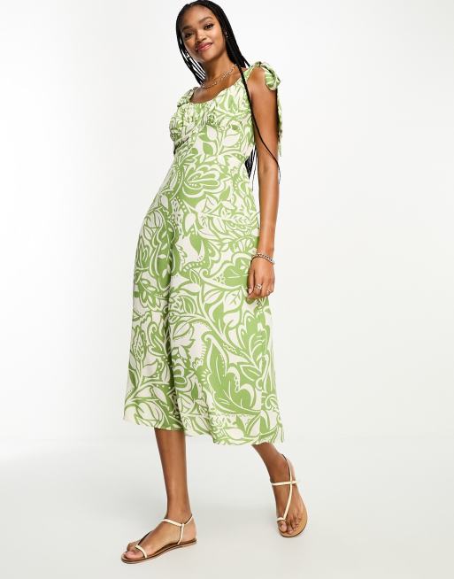 River Island Tall tie shoulder button front midi dress in green