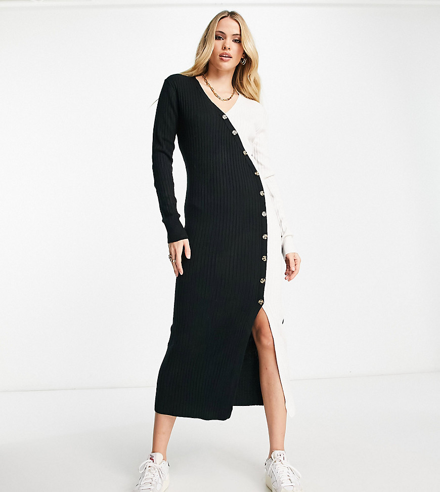 wrap button detail knitted midi dress in multi-Black