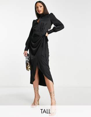 Black satin clearance wrap midi dress