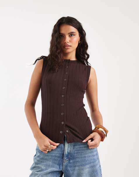River Island – Tanktop in Dunkelbraun mit durchgehender Knopfleiste - view 1