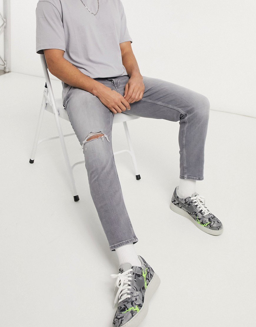 River Island tapered jeans with rips in gray-Grey