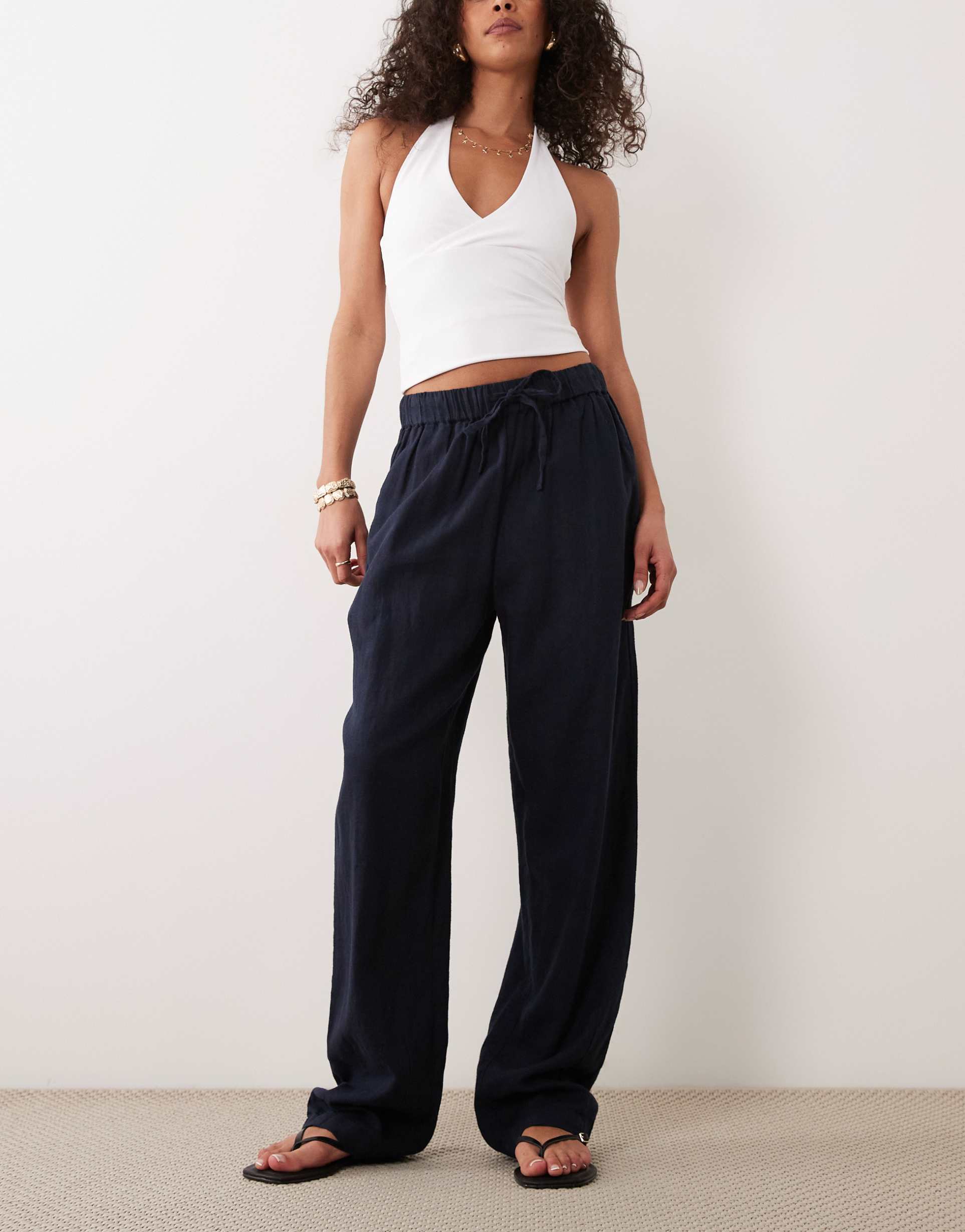 river island tapered linen blend pants in navy