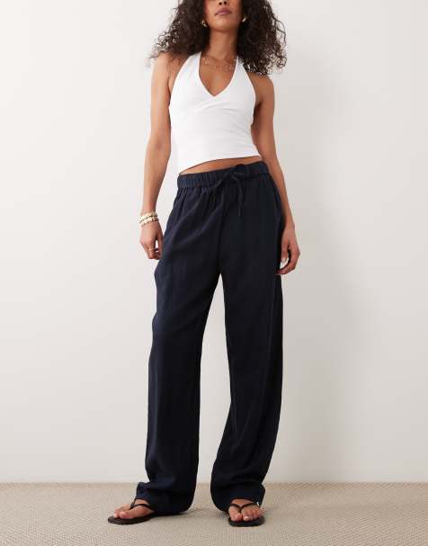 River Island tapered linen trousers in navy