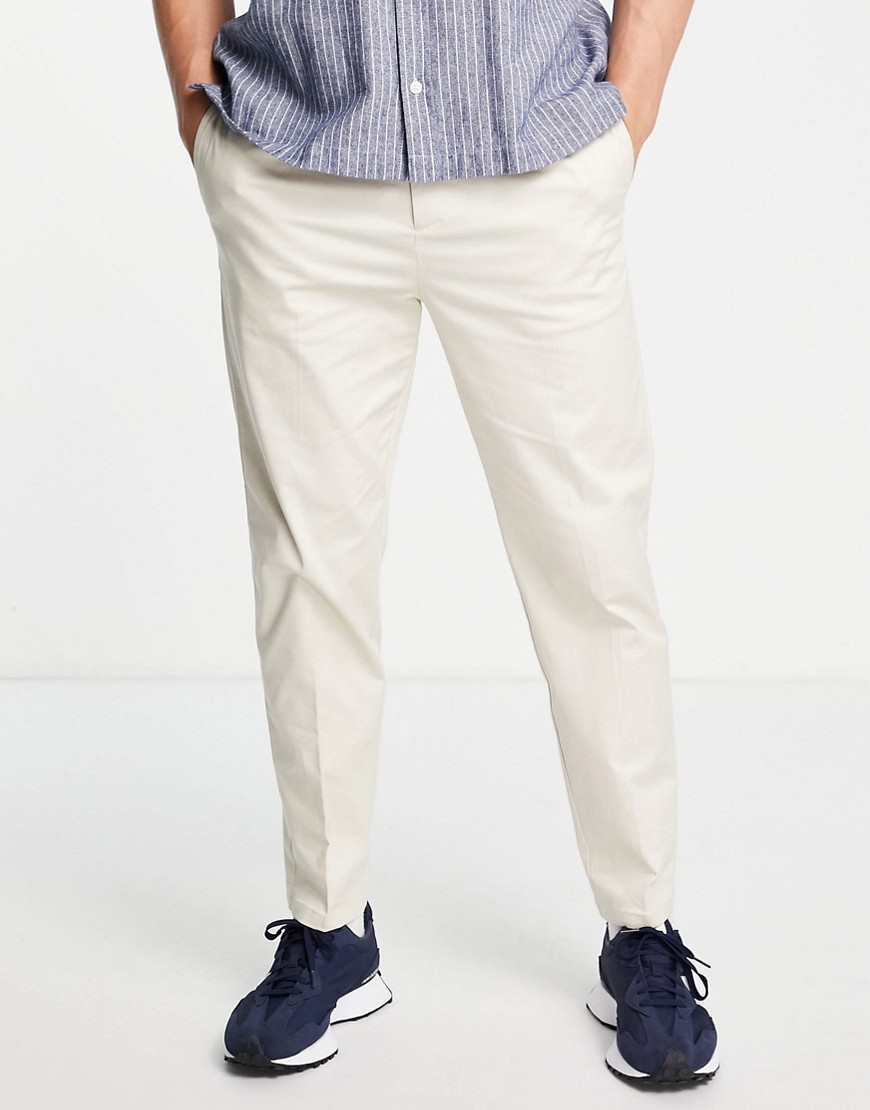 River Island tapered pleated chinos in stone-White