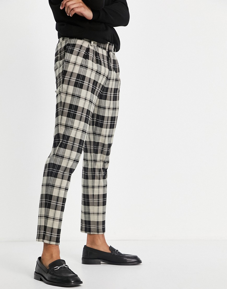River Island tapered pleated trousers in ecru check-Neutral