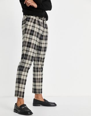 River Island tapered pleated trousers in ecru check
