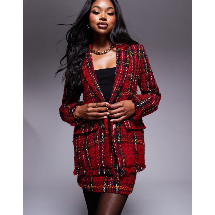 River Island tartan boucle blazer co ord in red ASOS