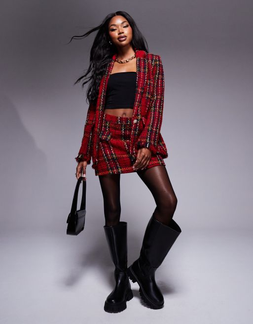 River Island tartan boucle blazer co ord in red ASOS