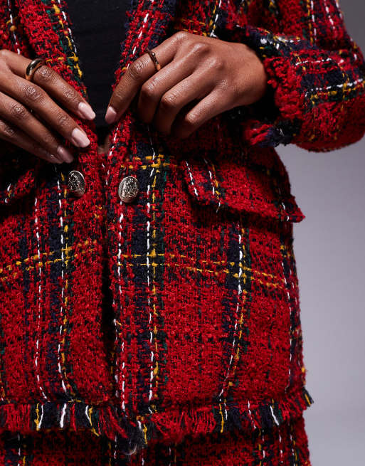 River Island tartan boucle blazer co ord in red ASOS