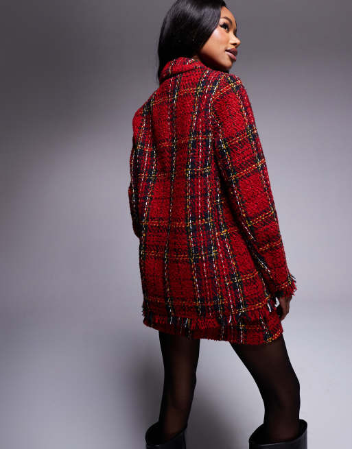 River Island tartan boucle blazer co ord in red ASOS