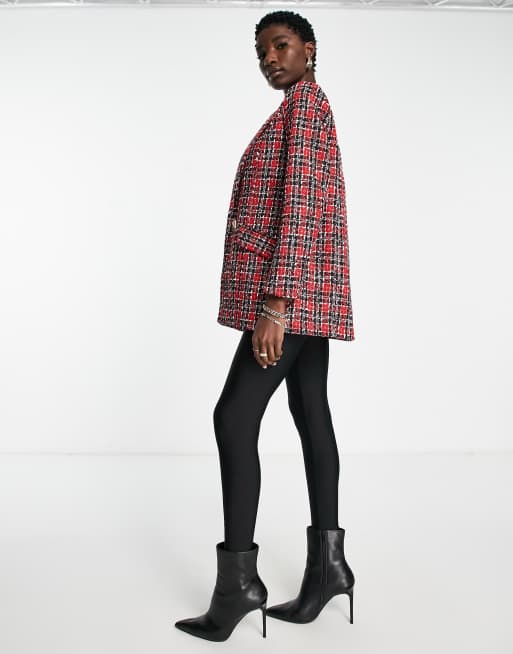 River Island tartan check boucle blazer in red (part of a set)