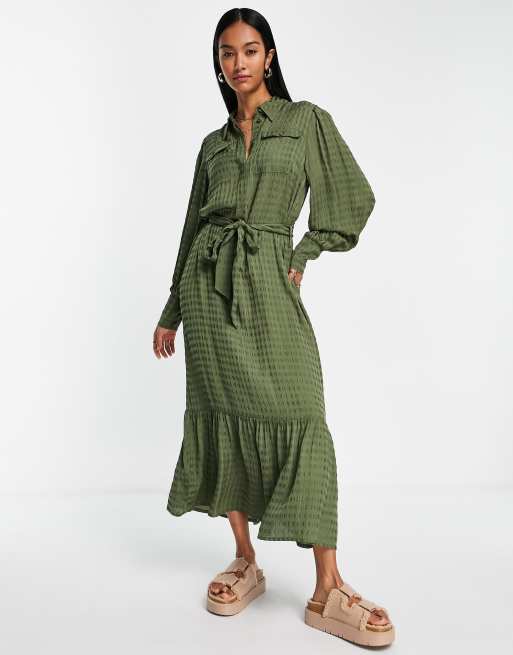 River Island – Teksturowana sukienka koszulowa midi z paskiem w kolorze khaki