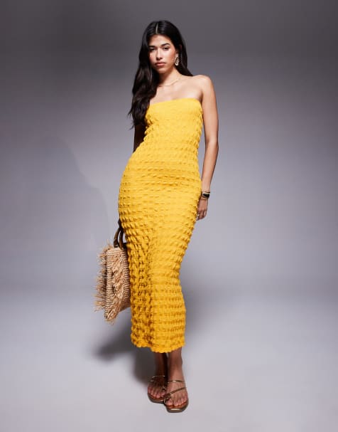River Island textured bandeau dress in yellow 