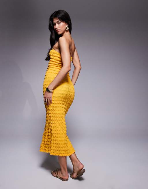 River Island textured bandeau dress in yellow , 3 of 4