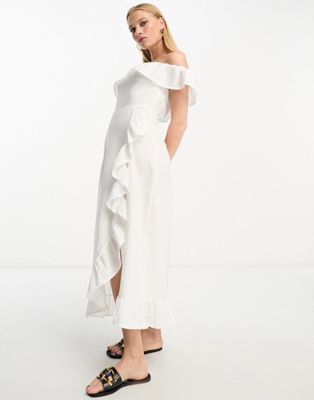 River Island textured bardot frill midi dress in white - ASOS Price Checker