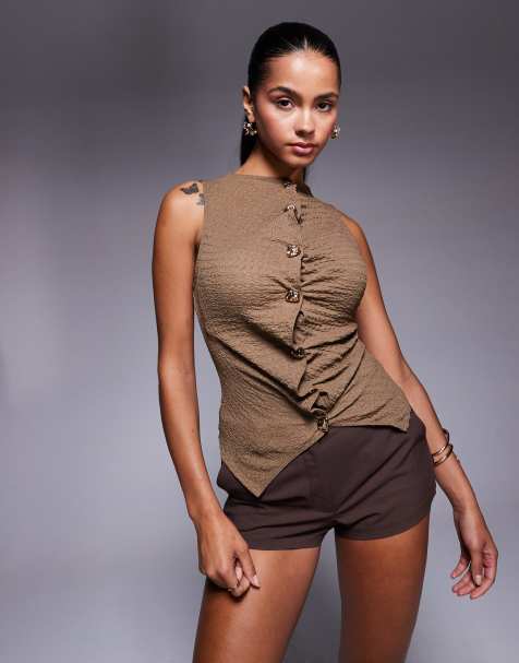 River Island textured button front top in brown - view 1