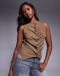[River Island] River Island textured button front top in brown M Brown