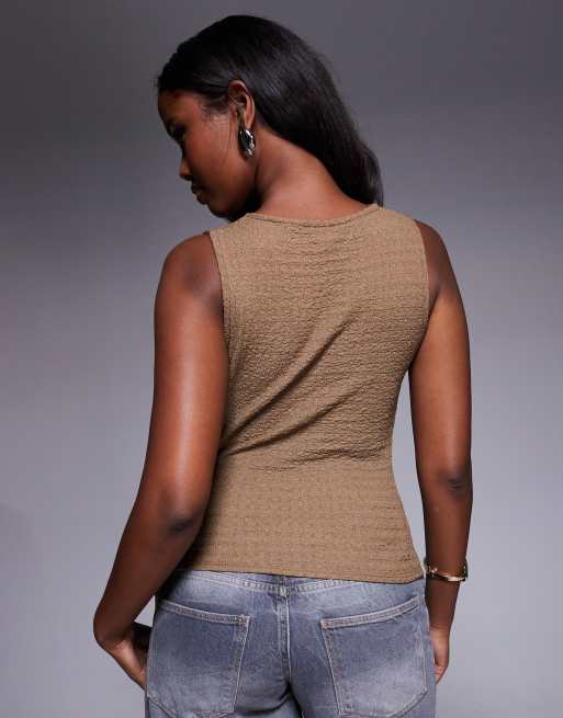 River Island textured button front top in brown, 2 of 4