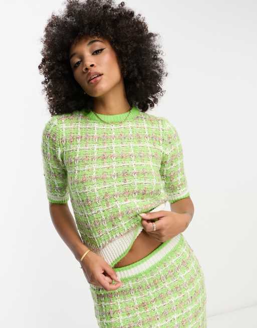 River Island textured check knit t-shirt in green | ASOS