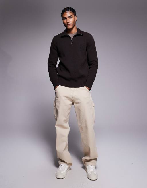 River Island textured half zip jumper in dark brown ASOS