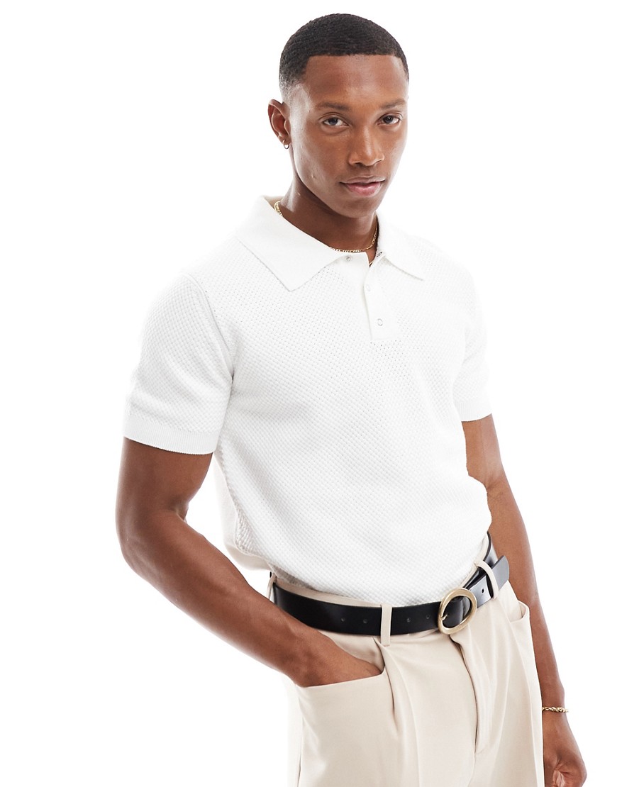 River Island textured knitted polo in white
