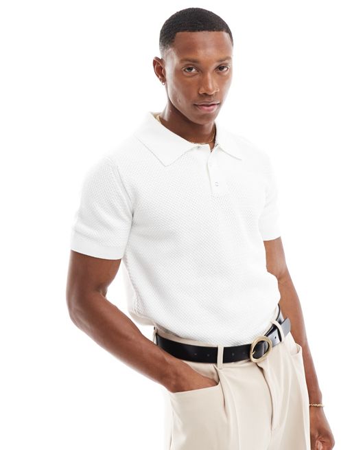  River Island textured knitted polo in white