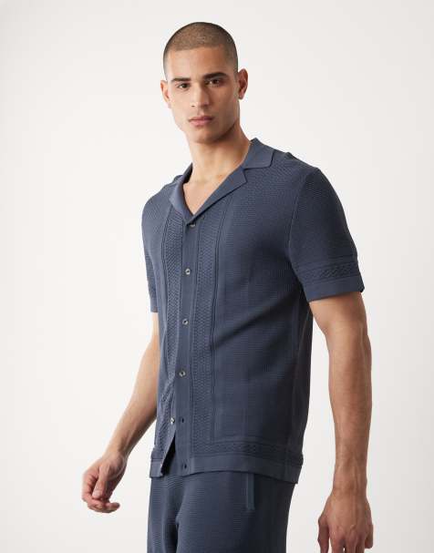 River Island textured knitted shirt in dark blue - view 1
