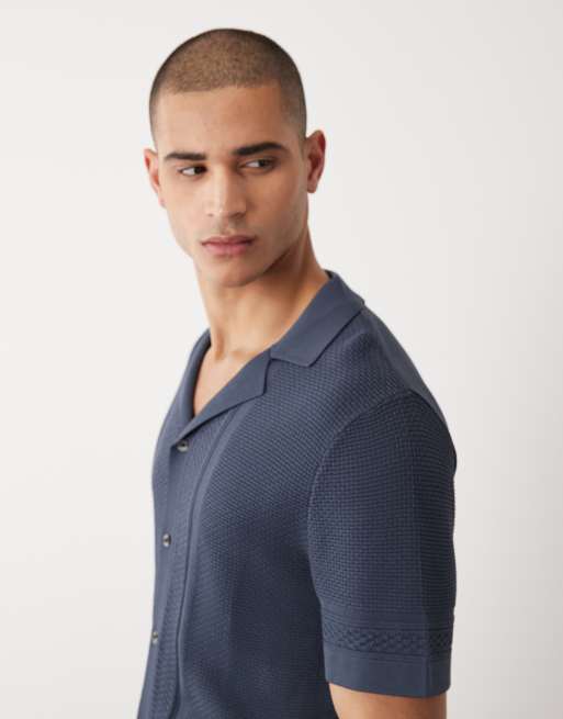 River Island textured knitted shirt in dark blue, 3 of 5