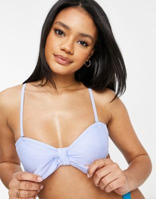 River Island textured knot front bikini top in blue