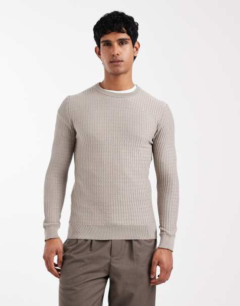 River Island textured muscle fit knit jumper in light grey
