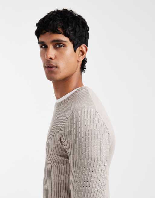 River Island textured muscle fit knit jumper in light grey, 4 of 5