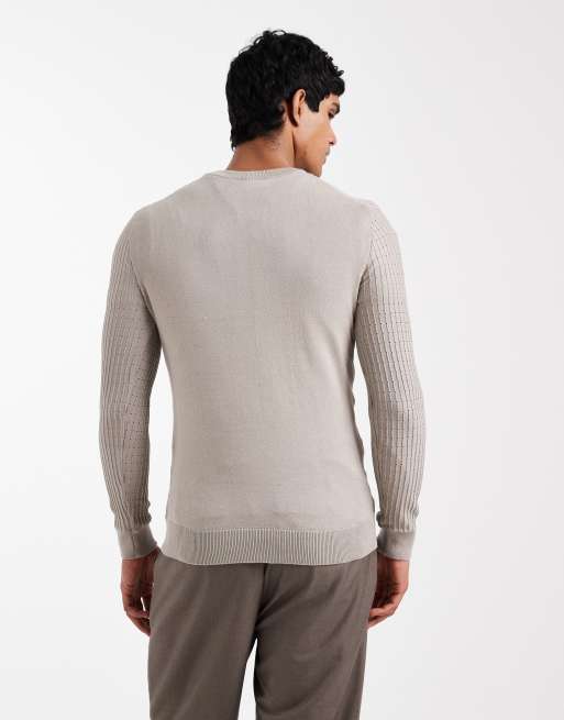 River Island textured muscle fit knit sweater in light gray, 3 of 5
