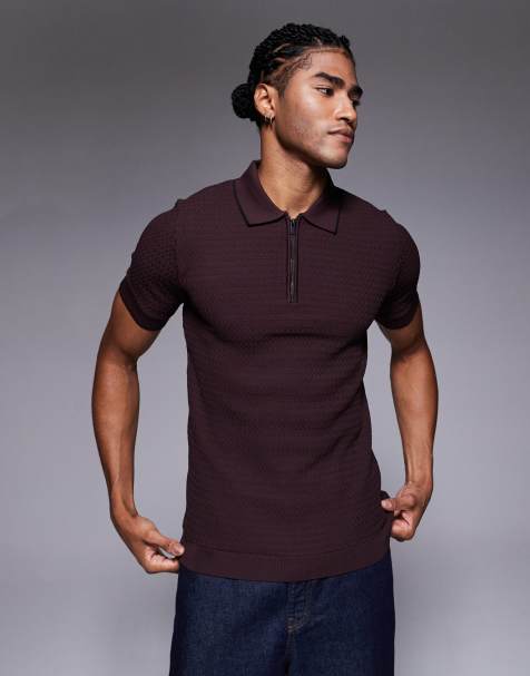River Island textured muscle fit partial zip polo in dark red - view 1