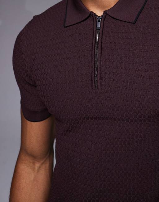 River Island textured muscle fit partial zip polo in dark red, 5 of 5