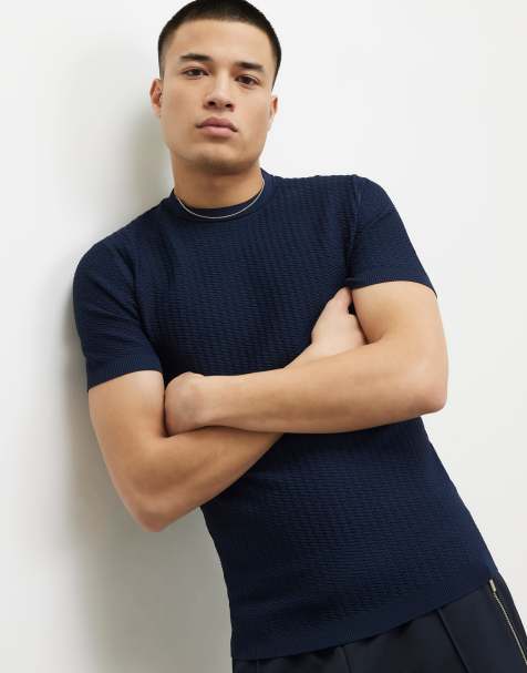River Island textured muscle fit  t-shirt in navy - view 1
