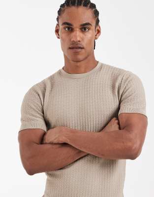 River Island textured muscle fit t-shirt in stone stone 10590₽
