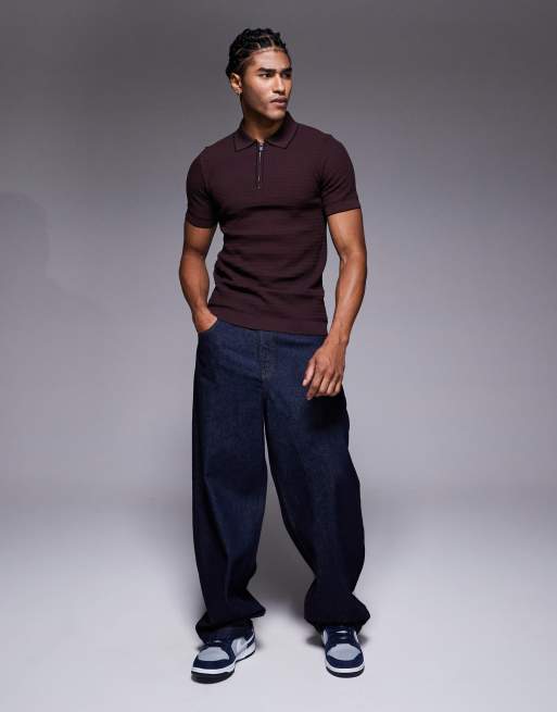 River Island textured muscle fit zip polo in dark red, 2 of 5