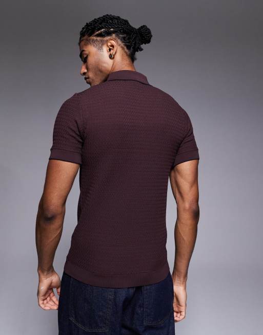 River Island textured muscle fit zip polo in dark red, 3 of 5