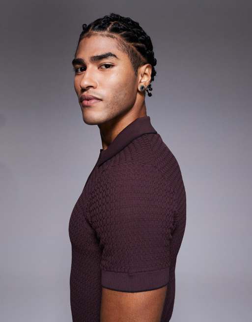 River Island textured muscle fit zip polo in dark red, 4 of 5
