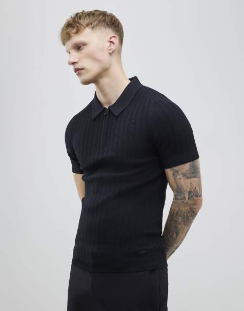 River Island textured muscle fit zip polo shirt in white - view 1