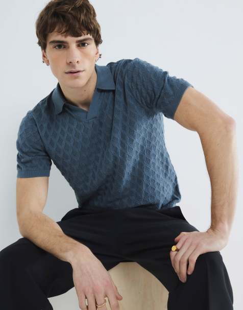 River Island Textured open collar polo shirt in blue - medium - view 1