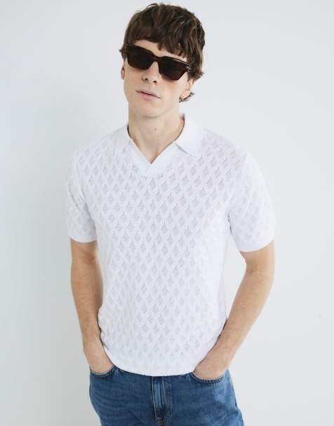 River Island Textured open collar polo shirt in white - view 1