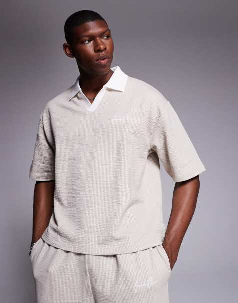 River Island textured open collar polo top co-ord in stone  - view 1