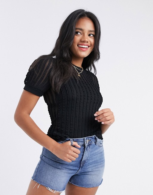 River Island textured puff sleeve t-shirt in black