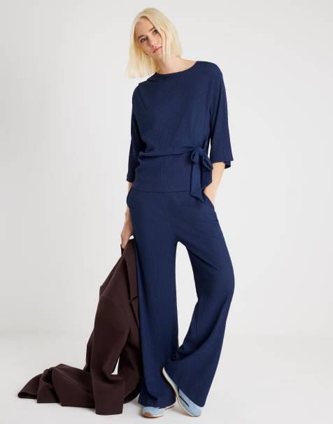 River Island Textured pull on wide leg trousers in navy