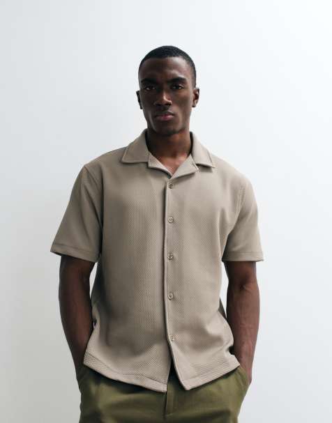 River Island textured revere shirt in stone - view 1