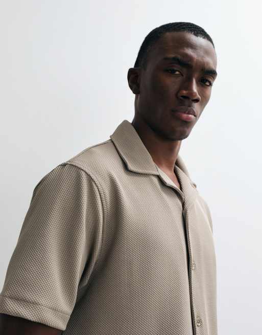River Island textured revere shirt in stone, 3 of 5